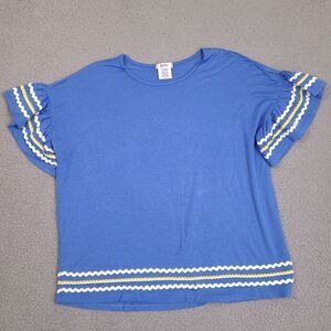 Isela Shirt Womens Small Blue Ruffled Sleeve Scoop Neck Boxy Fit  Boho Top‎